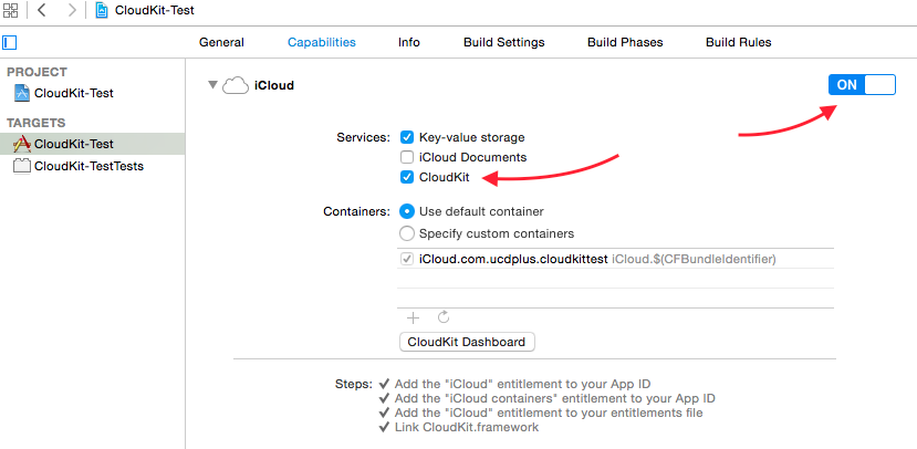 CloudKit in Xcode aktivieren und die nötigen Libraries einbinden